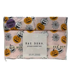 Rae Dunn Pink Halloween Pumpkin‎ & Spiderwebs Queen Sheet Set